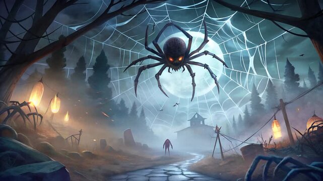 Giant Spider in Web Over a Creepy Night Road Covered in Fog