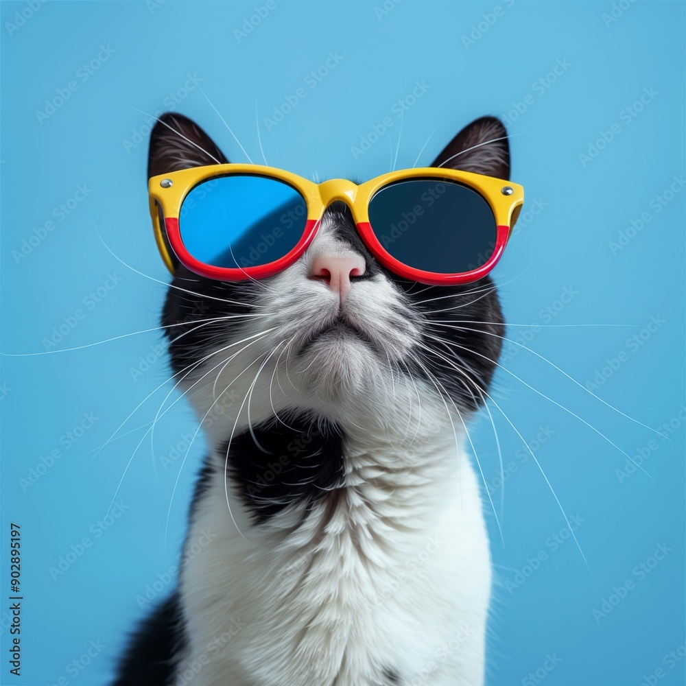 Wall mural Black and White Cat Wearing Colorful Sunglasses Posing Against Blue Background..