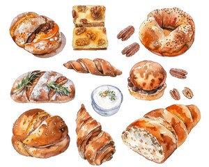 Hand-painted Bakery Collection. Watercolor Illustration of Delicious Bread, Cakes, and Pastries