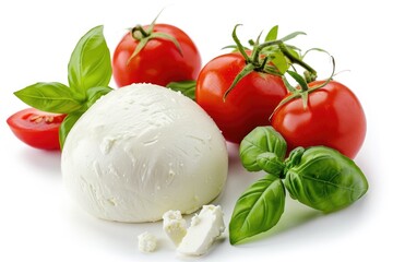 Hand-painted Mozzarella Cheese with Fresh Basil and Tomatoes on White Background