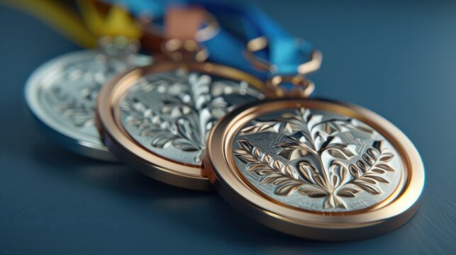 Gold, silver and bronze olympic medals. blue background. ,