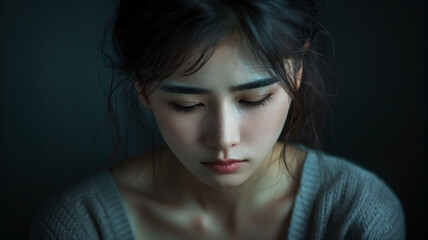 Fototapeta premium Asian young woman suffering from depression. Her expression is somber, and her body language reflects a deep sense of sadness and despair