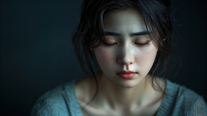 Fototapeta premium Asian young woman suffering from depression. Her expression is somber, and her body language reflects a deep sense of sadness and despair