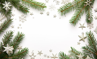 Christmas frame with green pine branches and white snowflakes on a white background.