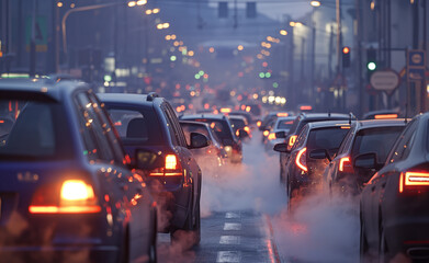 Traffic jam at night with car lights and smog in an urban setting.