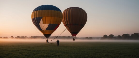 Obraz premium Two vibrant hot air balloons ascend in a misty field at sunrise, exuding adventure and tranquility perfect for travel and outdoor events.