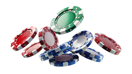 Colorful poker chips on a white background, gambling, casino, betting, gaming accessories
