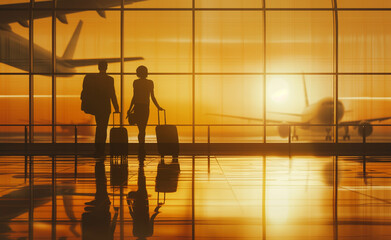 Silhouette of travelers at an airport with a plane taking off during sunset.