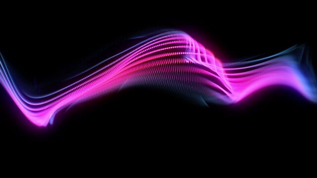 Wave motion of bright glowing dotted lines on black background. Abstract concept of blockchain technology, digital sound wave and artificial intelligence network. Looped 4K video of vibrant soundwaves