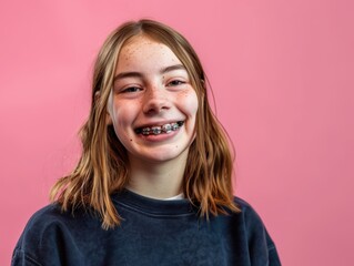 Fototapeta premium Young girl wearing braces smiling on isolated colored background