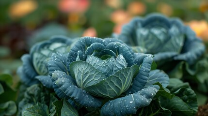 Fototapeta premium Fresh cabbage heads with lush green leaves growing in rich soil