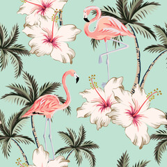 Tropical pink flamingo, palm trees, hibiscus flowers, turquoise background. Vector seamless pattern. Floral illustration. Exotic plants, birds. Summer beach design. Paradise nature