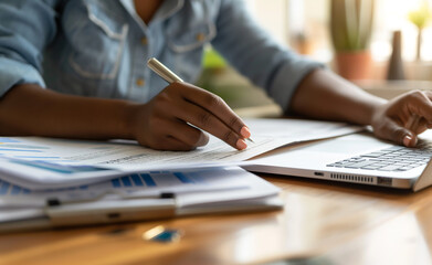 Fototapeta premium Person writing on papers with a pencil at a desk.