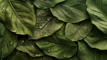 Fototapeta premium Close-up of green leaves with water droplets.