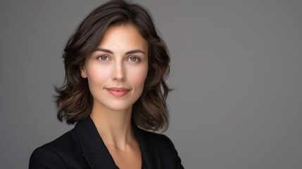 Obraz premium 16:9 Headshot Portrait: Confident Businesswoman in black suit Exuding Leadership and Success. Elegant Corporate Executive Poses Against Neutral Background. Expertise for Business, Marketing. Branding.