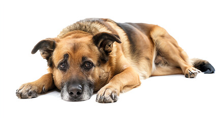 Obraz premium A German Shepherd dog lying down on a white background, looking forward with a calm and relaxed expression.