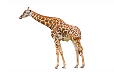 Obraz premium Elegant giraffe standing on a white background showcasing its spotted fur and long neck, perfect for nature and wildlife themes.