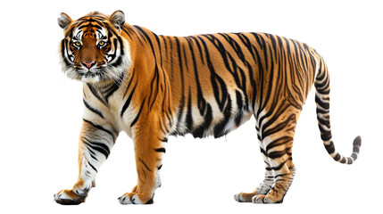 Naklejka premium A majestic Bengal tiger standing against a white background, showcasing its striking orange coat with black stripes.