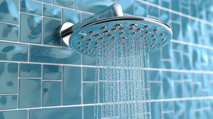 Modern shower head spraying water in a tiled bathroom.