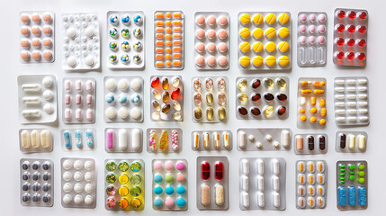 Various colorful pills and capsules in blister packs arranged neatly.