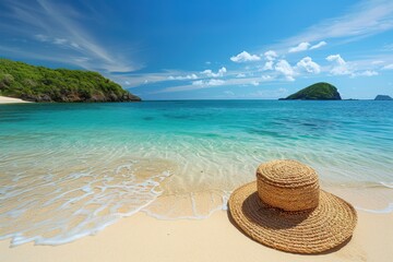 A straw hat lies on the pristine sands of a tropical beach, with crystal-clear turquoise waters lapping gently at the shore. The lush greenery of a small island is visible in the distance under a brig