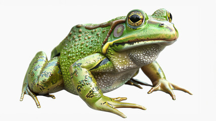 Obraz premium Close-up of a vibrant, detailed green frog isolated on white background showing intricate skin patterns and textures.