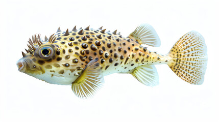 Obraz premium Close-up of a colorful pufferfish with spines, isolated on a white background. The fish displays intricate patterns and vibrant shades.