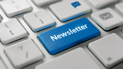 Close-up of a computer keyboard with a blue "Newsletter" button.