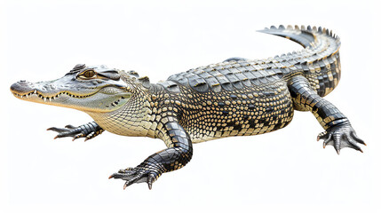 Naklejka premium Close-up of a crocodile isolated on white background, showcasing detailed texture and scales of the reptile.