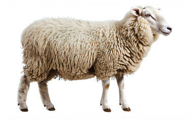 A standing sheep with thick, fluffy wool, isolated on a white background, ideal for agricultural and animal-related visuals.