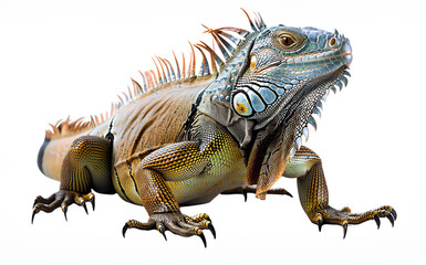 Fototapeta premium Close-up of a colorful iguana with detailed scales and bright hues. Perfect for wildlife, nature, and reptile-themed projects.