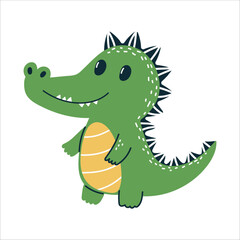 Cartoon Green Crocodile Illustration With Spiky Back and Yellow Belly