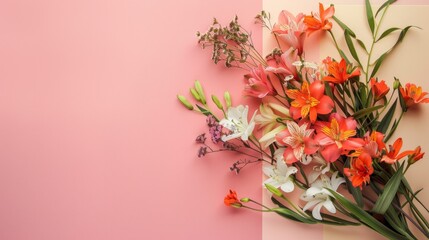 Obraz premium A high-quality image of a Mother’s Day bouquet of flowers and a card on the right side, with blank space on the left for text. Ideal for Mother’s Day cards and festive promotions. AI generated image.
