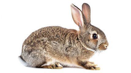 Cute brown rabbit sitting on a white background, showcasing its fluffy fur and long ears. Perfect for Easter or wildlife-themed concepts.