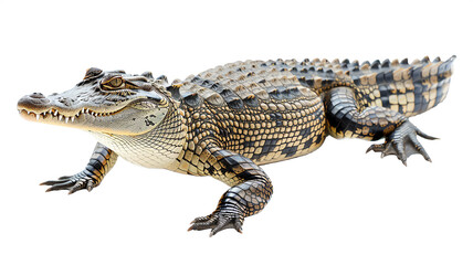 Naklejka premium Close-up image of a crocodile isolated on a white background, showcasing its detailed skin texture and natural habitat features.