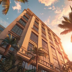 Sunset Illuminates Contemporary Building Amid Lush Palm Trees in Urban Setting
