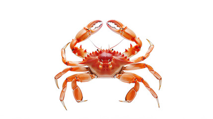 Close-up of a vibrant orange crab isolated on a white background, showcasing its details and anatomy.