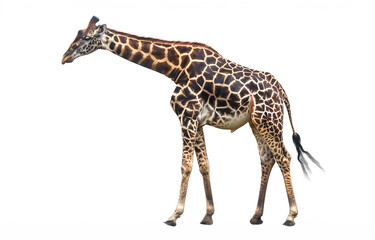 Obraz premium Isolated close-up of a giraffe on a white background, showcasing its unique pattern and elongated neck in a side profile view.