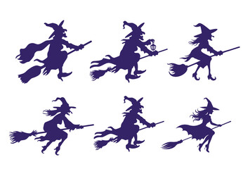 Witch couple rides a broomstick, halloween witch silhouette, Vector Illustration