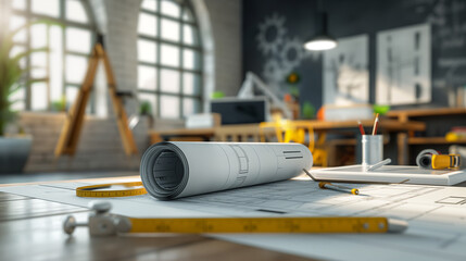 Architectural blueprints and tools spread out on a worktable in a sunlit studio.