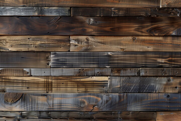  a close-up of a wooden wall made of various dark brown, textured wooden planks arranged in a horizontal pattern