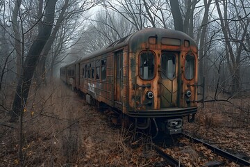 Obraz premium Abandoned Train Car in the Woods on a Foggy Day.