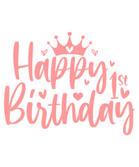 Obraz premium Happy 1st Birthday typography design on plain white transparent isolated background for card, shirt, hoodie, sweatshirt, apparel, tag, mug, icon, poster or badge