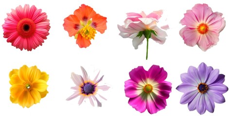 A set of various flowers isolated on a transparent background, including sunflowers and daisies, chrysanthemums and orchids, roses and lilies