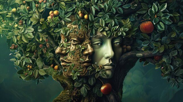 Artistic tree illustration with human faces on leaves and fruits, symbolizing family tree and heritage.