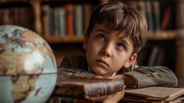 Elementary School Student with Globe and Books. Ideal for Educational Promotions, Learning Campaigns, and Child Development. Perfect for School Supplies, Geography, and Young Student Imagery. - Powered by Adobe