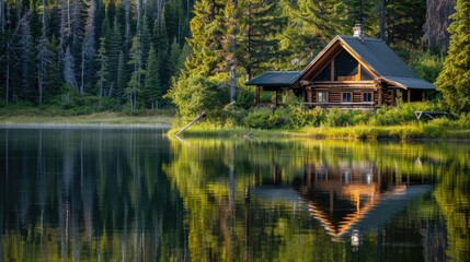 Fototapeta premium Idyllic log cabin nestled beside a serene lake, surrounded by lush forest reflecting in the water.