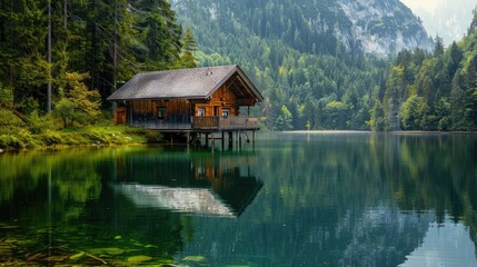 Fototapeta premium Scenic view of a wooden cabin by a tranquil lake surrounded by lush green forest and mountains.