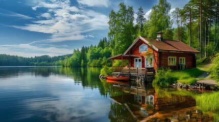 Fototapeta premium Lake cottage with beautiful view