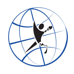 logo man with prosthetic arm and leg vector icon. Disabled people icon on the planet